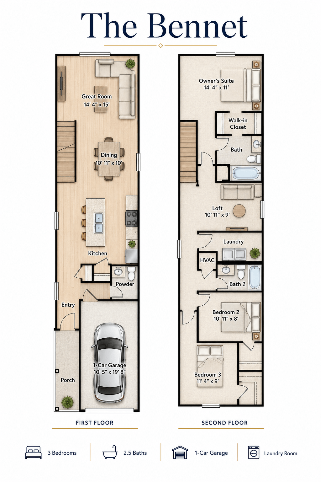 3 Bedroom 2.5 Bath - The Bennett floor plan
